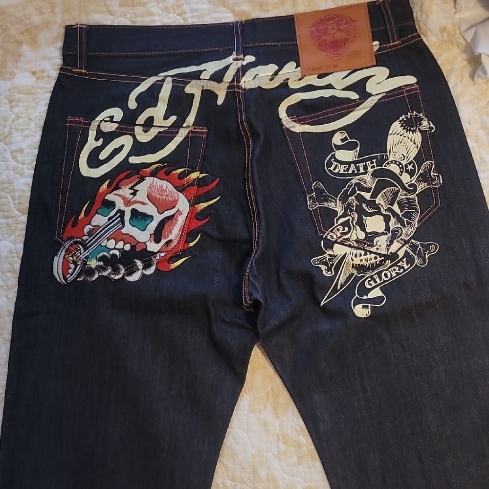 Ed Hardy Men's Dark Blue Jeans with Colorful Graphic